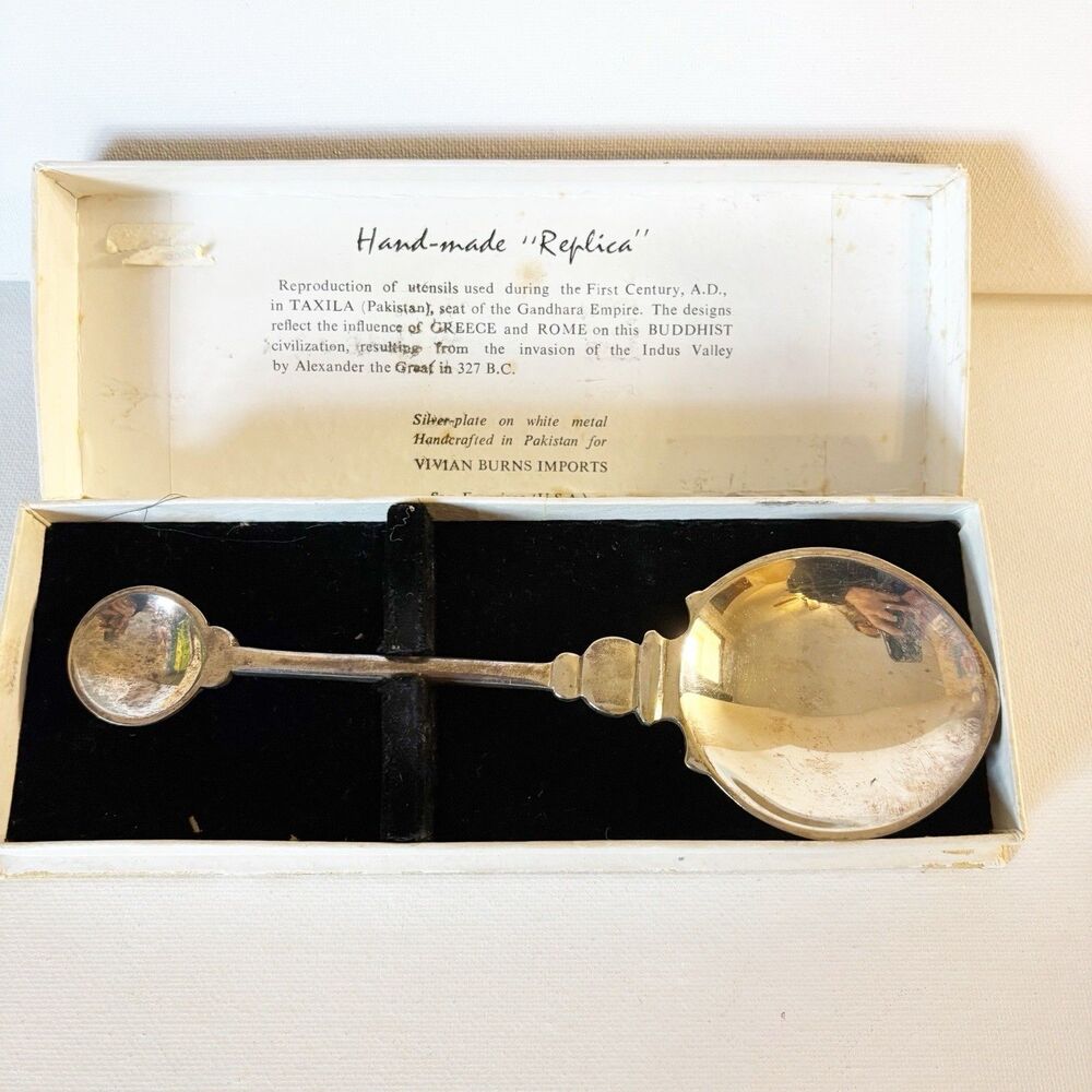 Vivian Burns Imports Silver Plate Serving Spoon Reproduction Pakistan 6" Vintage